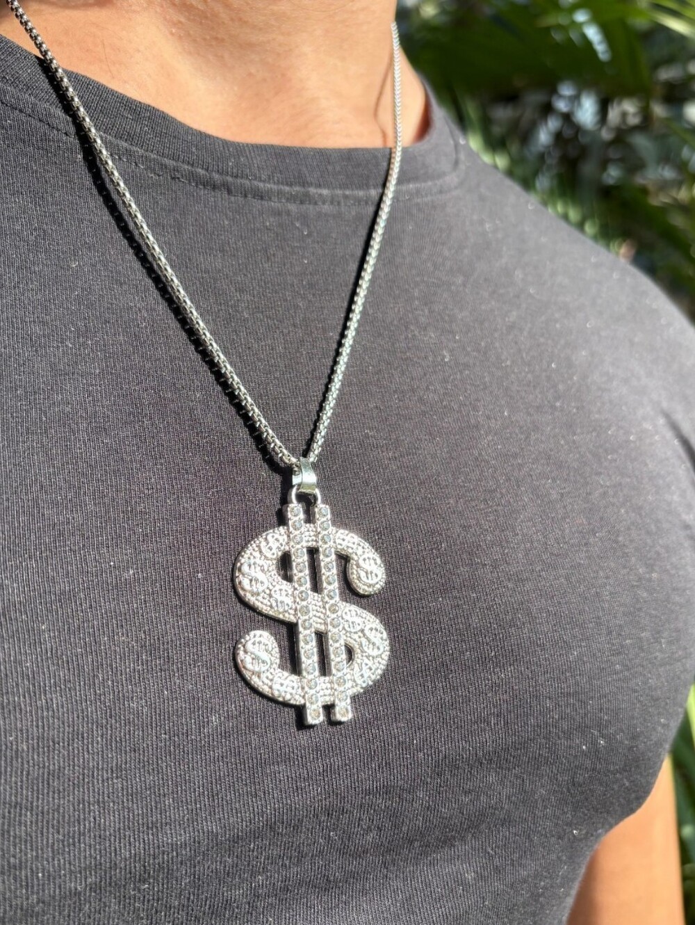 24"+,Silver Dollar Sign Pendant Necklace